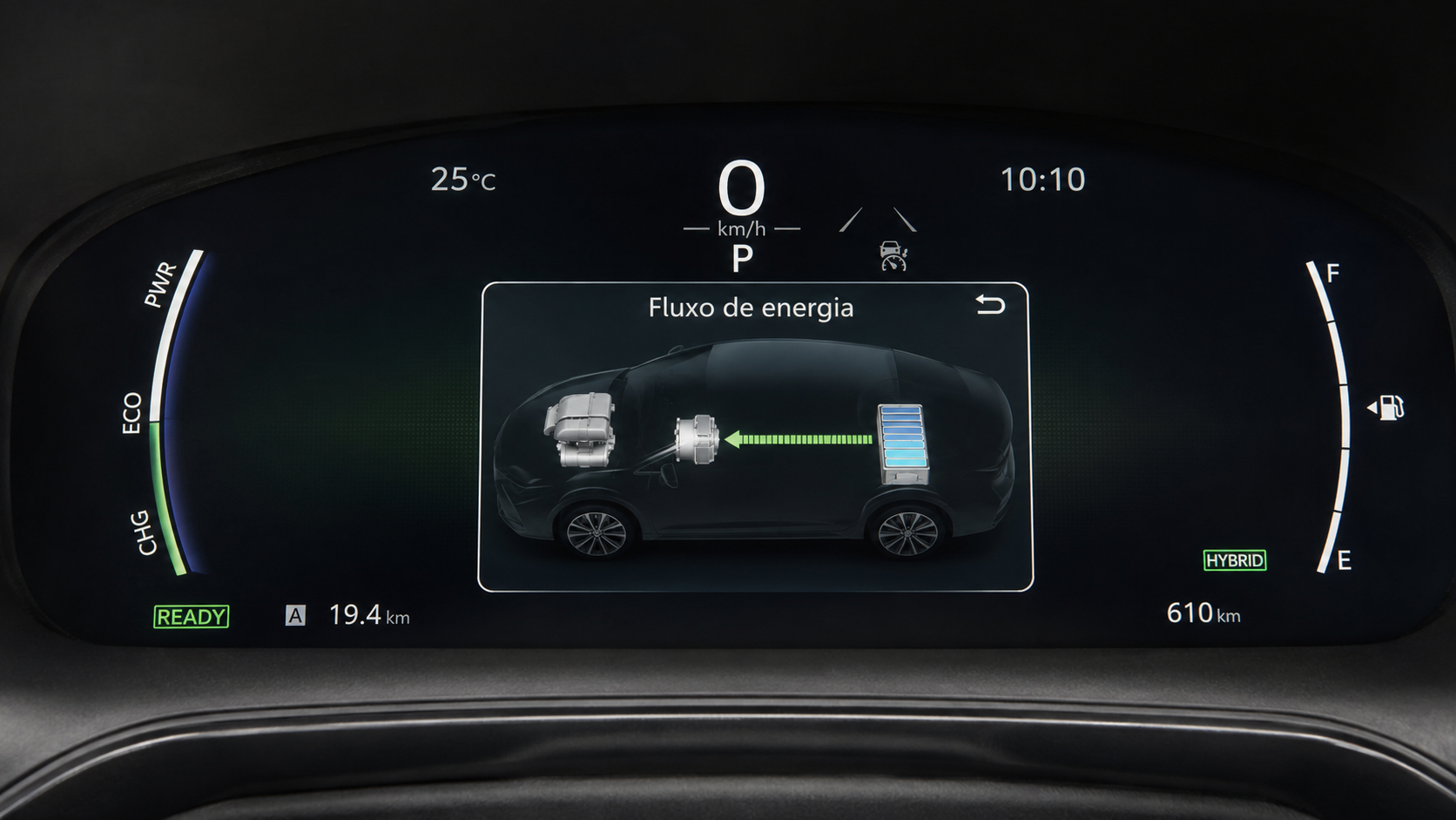 Painel de instrumentos digital do Corolla Hybrid mostrando o fluxo de energia