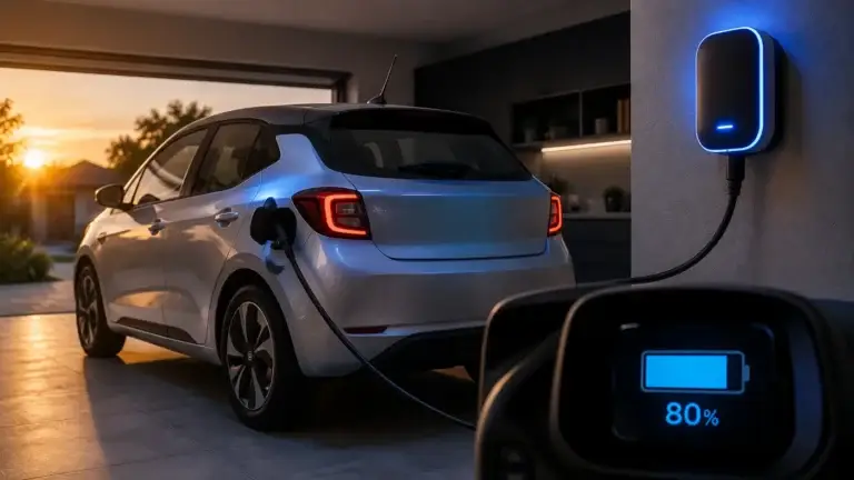 Carro elétrico compacto conectado a um wallbox residencial em garagem durante o entardecer, com painel exibindo 80% de carga da bateria.