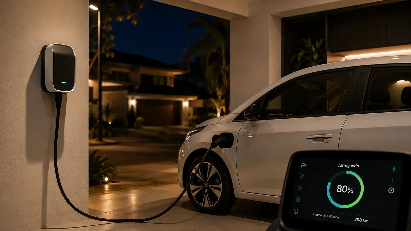 Carro elétrico carregando em wallbox residencial à noite