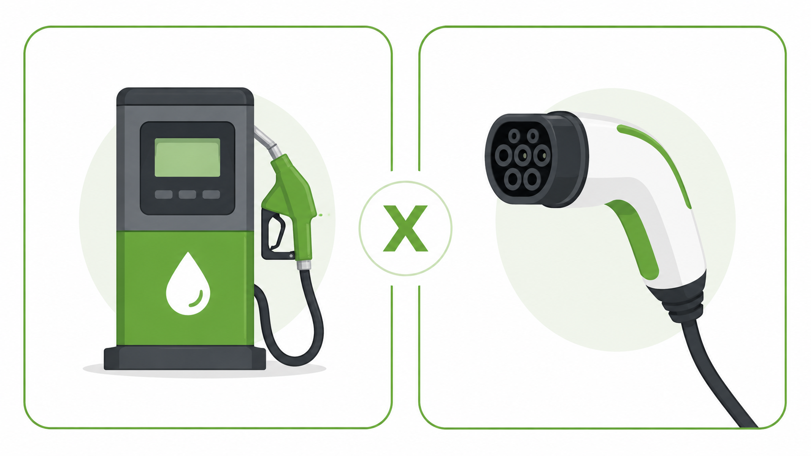 Comparação visual entre reabastecimento a combustível e recarga elétrica