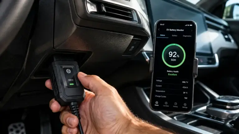 Leitor scanner OBD2 conectado na porta de diagnóstico de um carro elétrico para verificação do SOH da bateria.