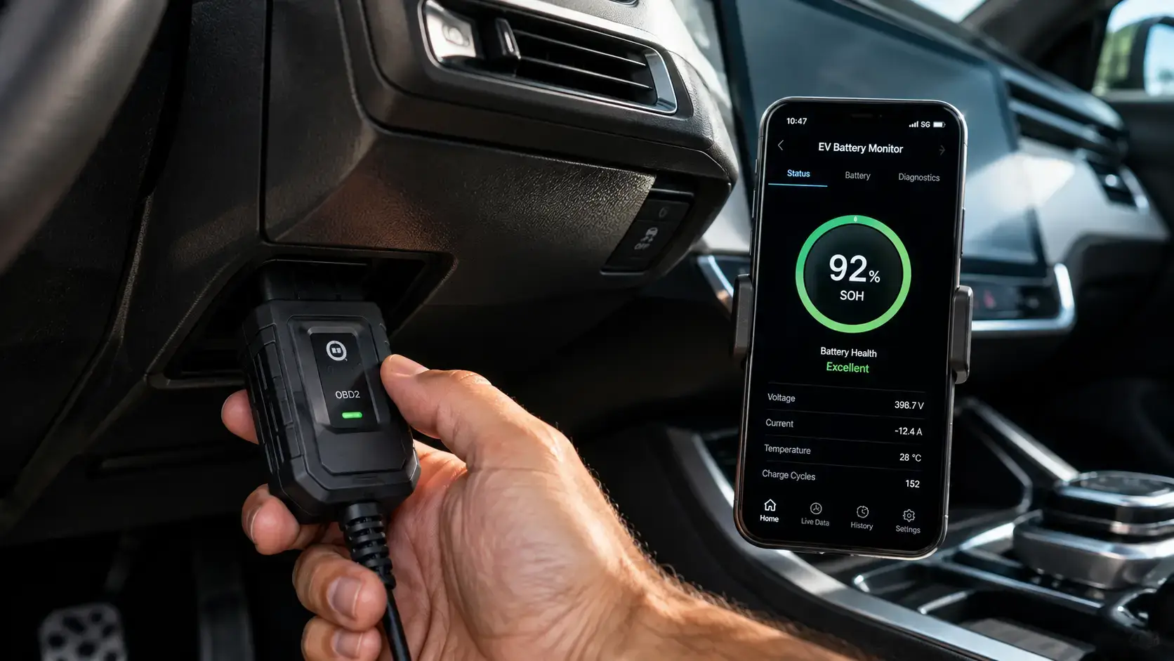 Leitor scanner OBD2 conectado na porta de diagnóstico de um carro elétrico para verificação do SOH da bateria.