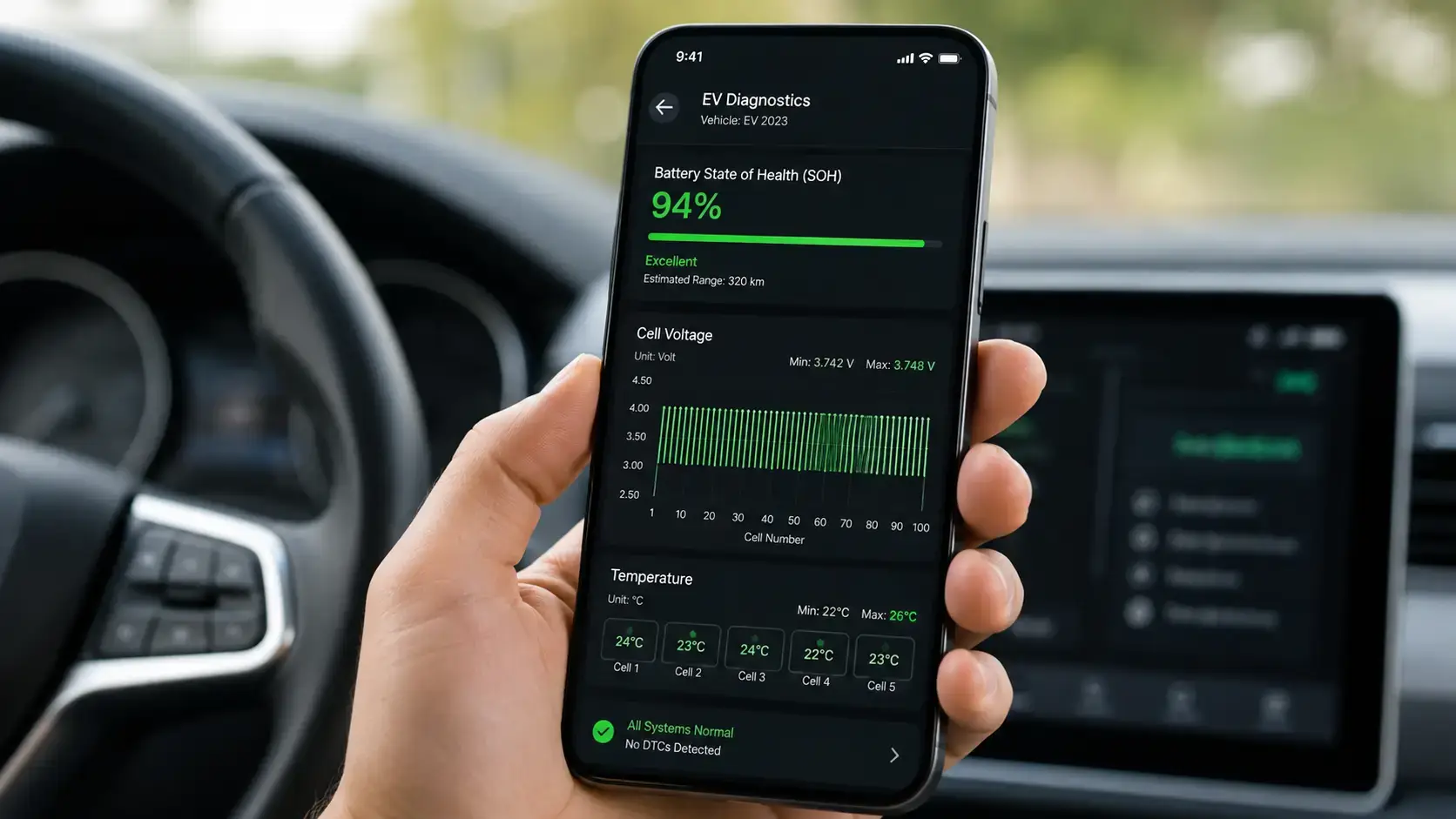 Ecrã do smartphone mostrando aplicativo de diagnóstico automotivo exibindo a porcentagem de saúde SOH da bateria de tração.