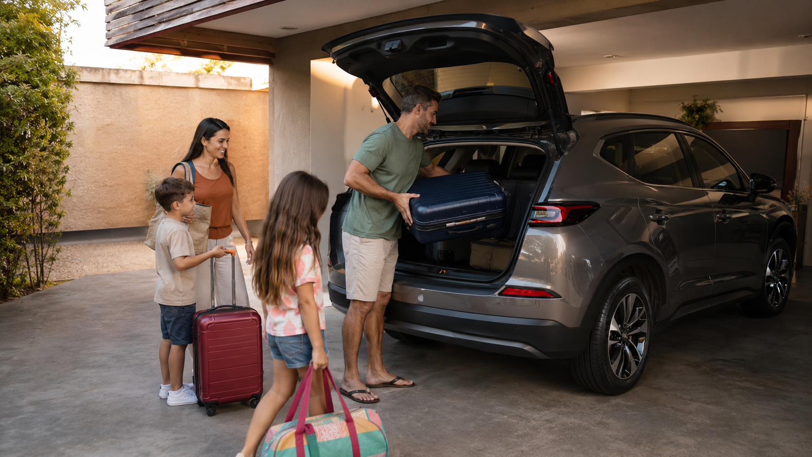 Família carregando malas em SUV para viagem em família