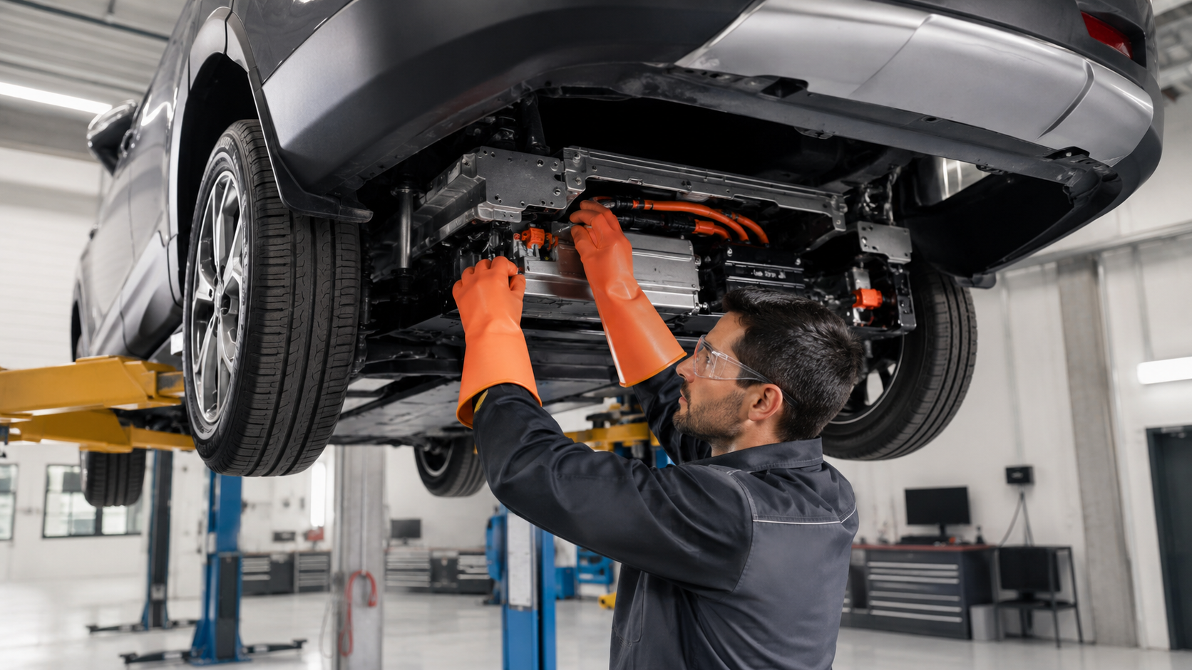 Técnico certificado realizando manutenção em bateria de alta tensão