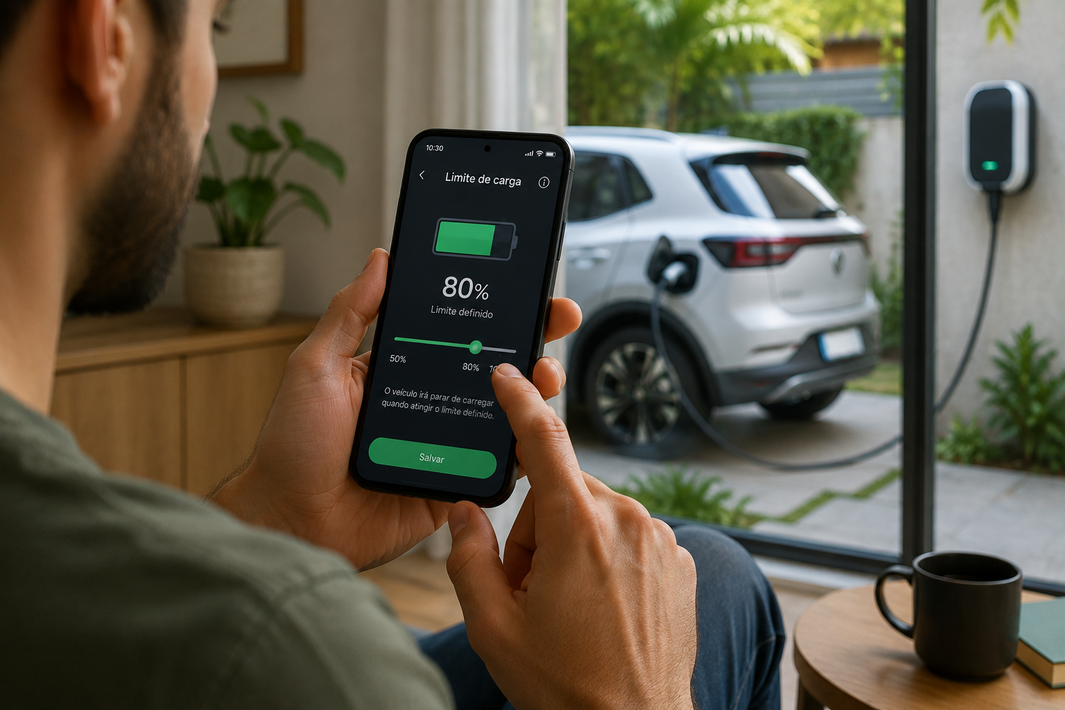 Pessoa configurando limite de carga de 80% no aplicativo do carro elétrico