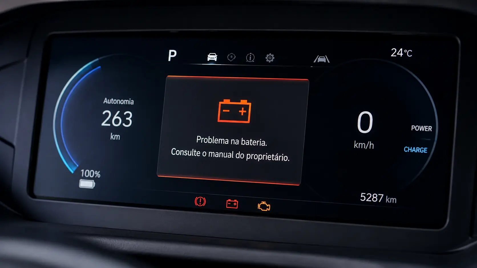 Alerta no painel digital indicando problema na bateria do carro elétrico