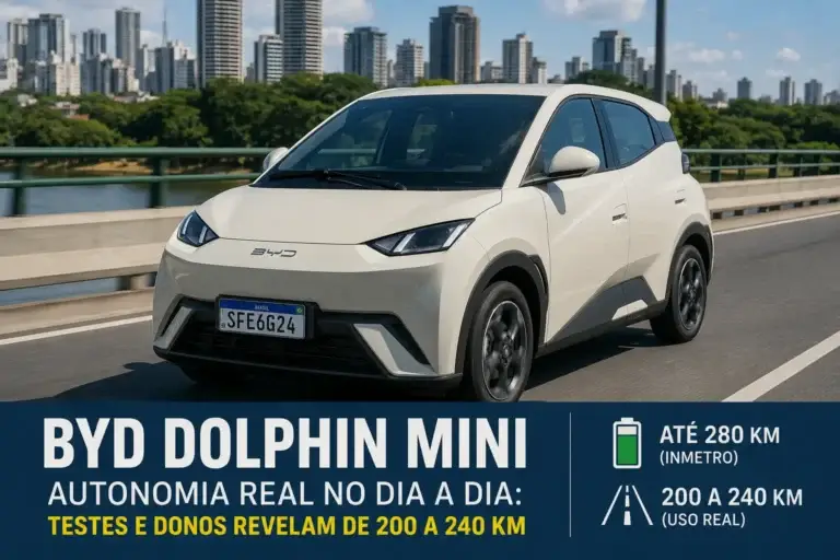 BYD Dolphin Mini em estrada urbana mostrando a autonomia real de 200 a 240 km