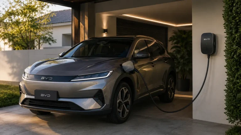 BYD elétrico carregando em wallbox residencial no Brasil