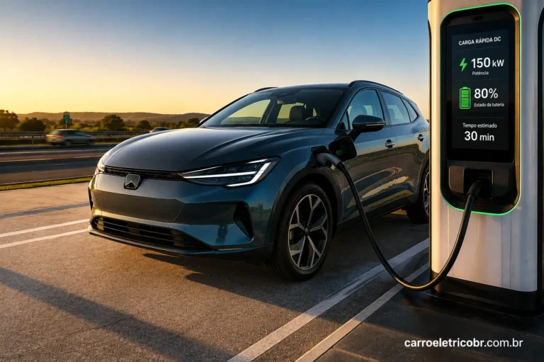 Carro elétrico em carregador rápido DC durante recarga até 80% da bateria