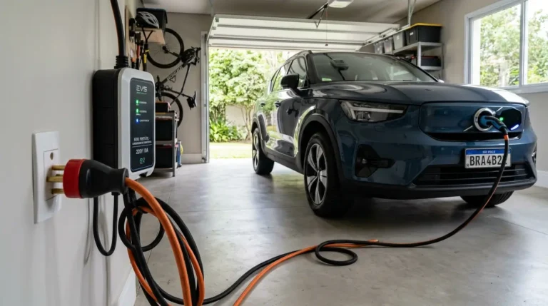 Carregador portátil de carro elétrico conectado em tomada residencial comum de garagem