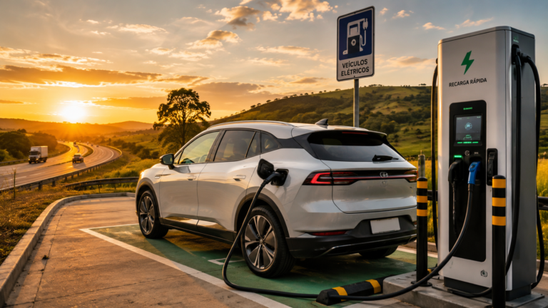 Carro elétrico carregando em eletroposto rápido durante viagem de estrada no Brasil