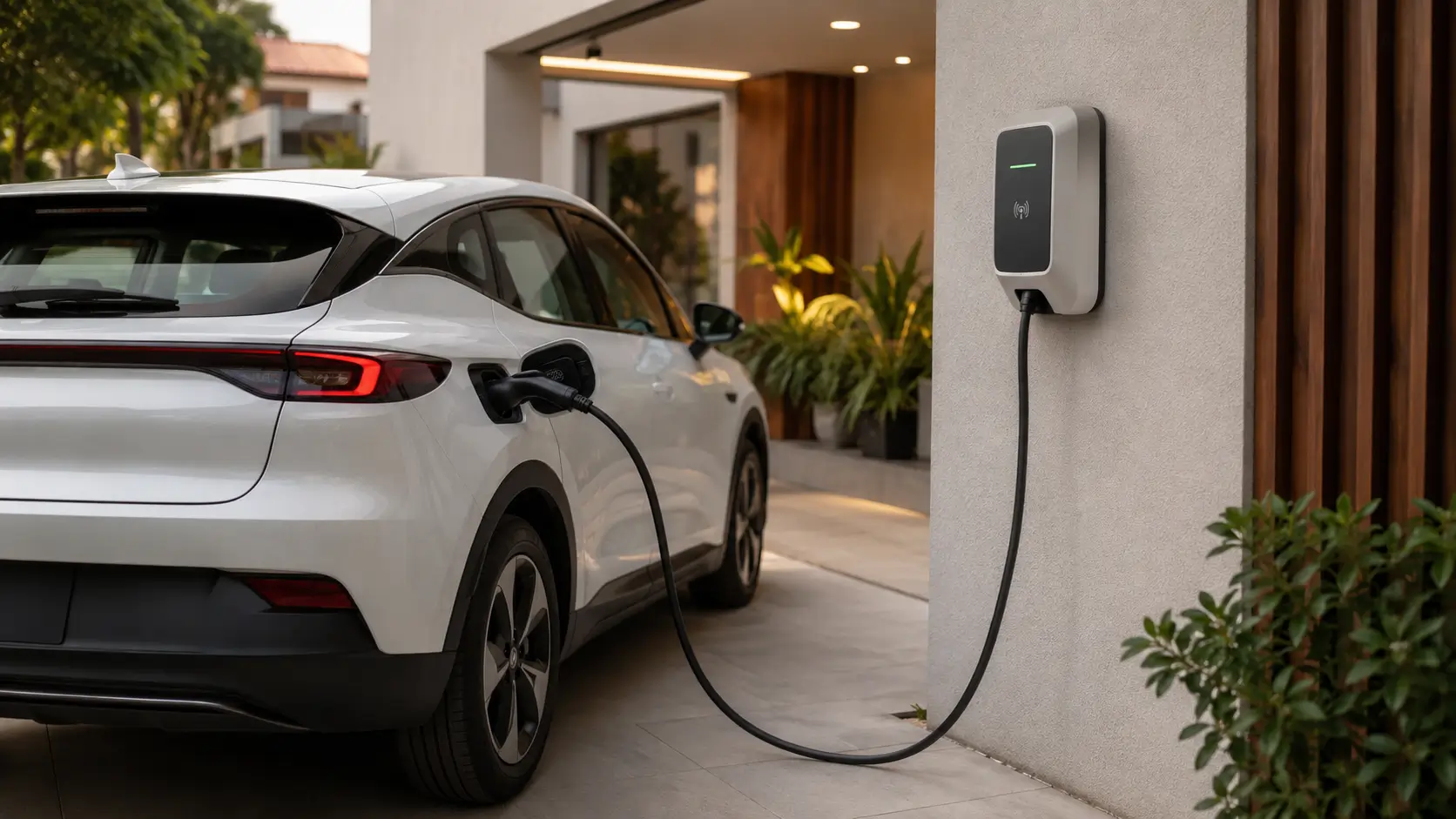Carro elétrico carregando em casa com carregador wallbox residencial