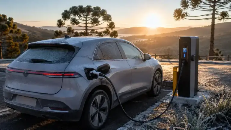 Carro elétrico carregando em dia de geada no clima frio de serra brasileira