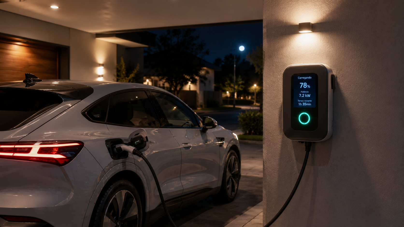 Carro elétrico conectado a carregador residencial wallbox durante a noite