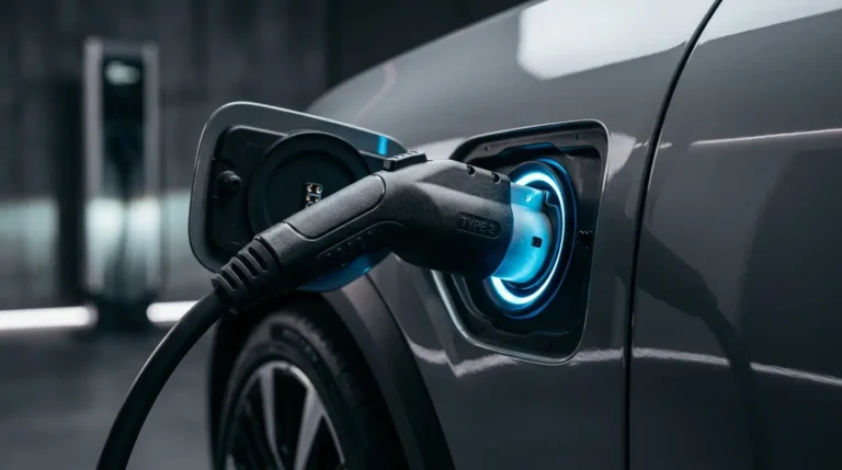 Carro elétrico não carrega: conector Tipo 2 conectado com luz de status indicadora no bocal de recarga
