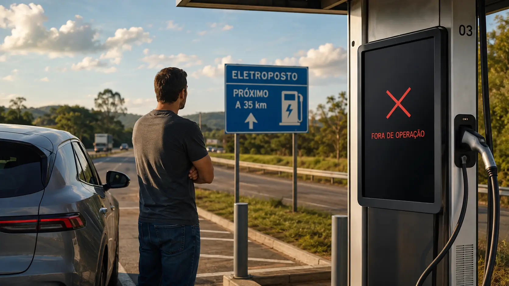 Carro elétrico chegando a eletroposto com carregador fora de operação e outro ponto de recarga como alternativa