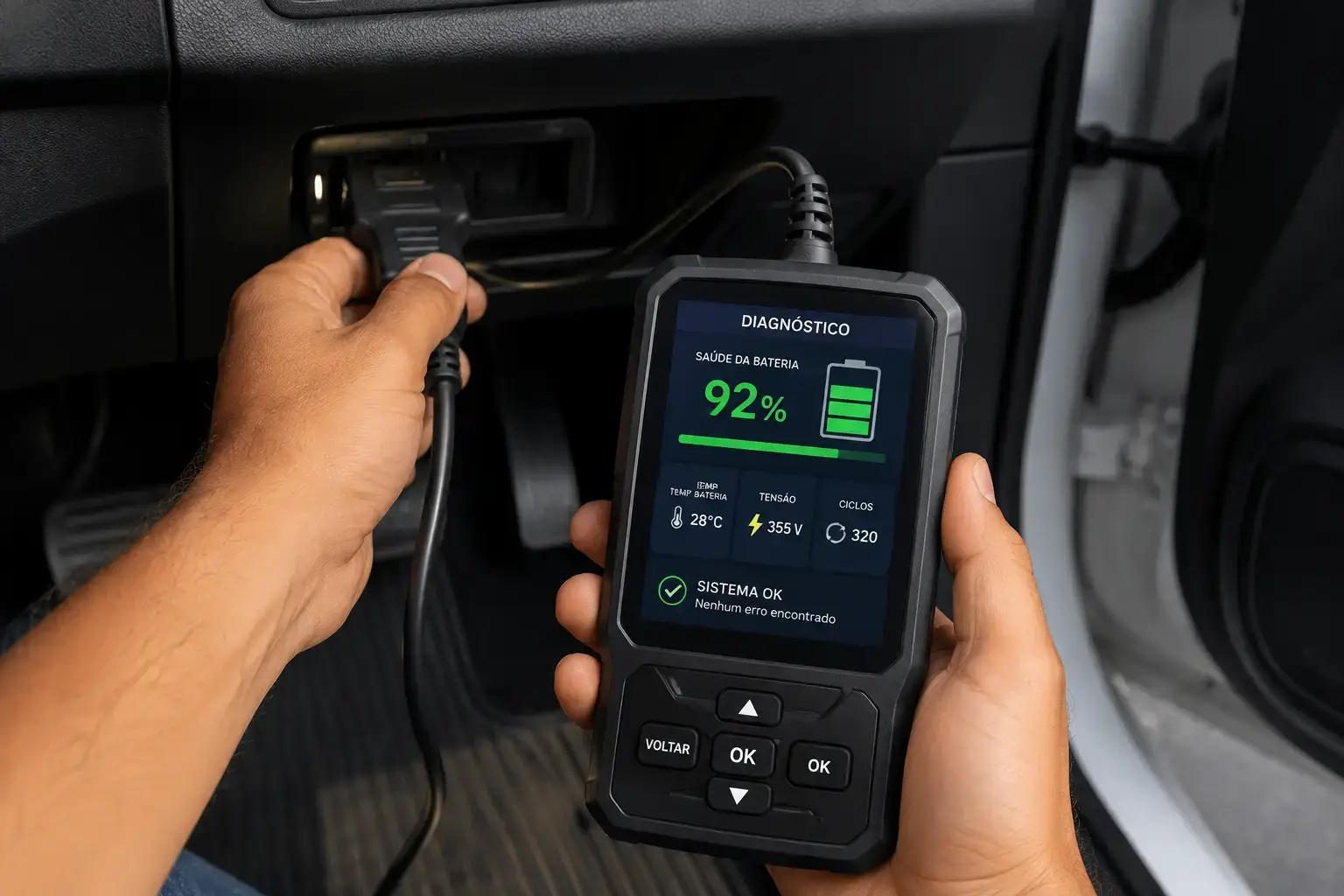 Leitor OBDII conectado a um carro elétrico mostrando percentual de saúde da bateria