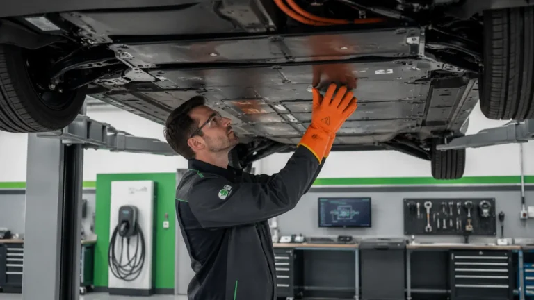 Mecânico especializado inspecionando a parte inferior de um carro elétrico em oficina