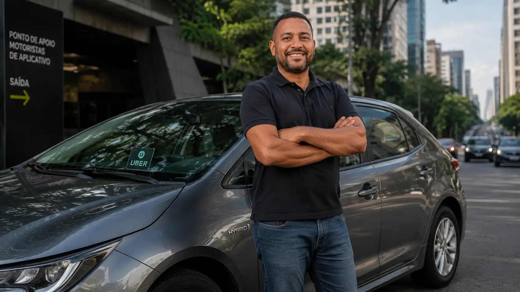 Motorista de aplicativo ao lado de carro híbrido em ambiente urbano brasileiro