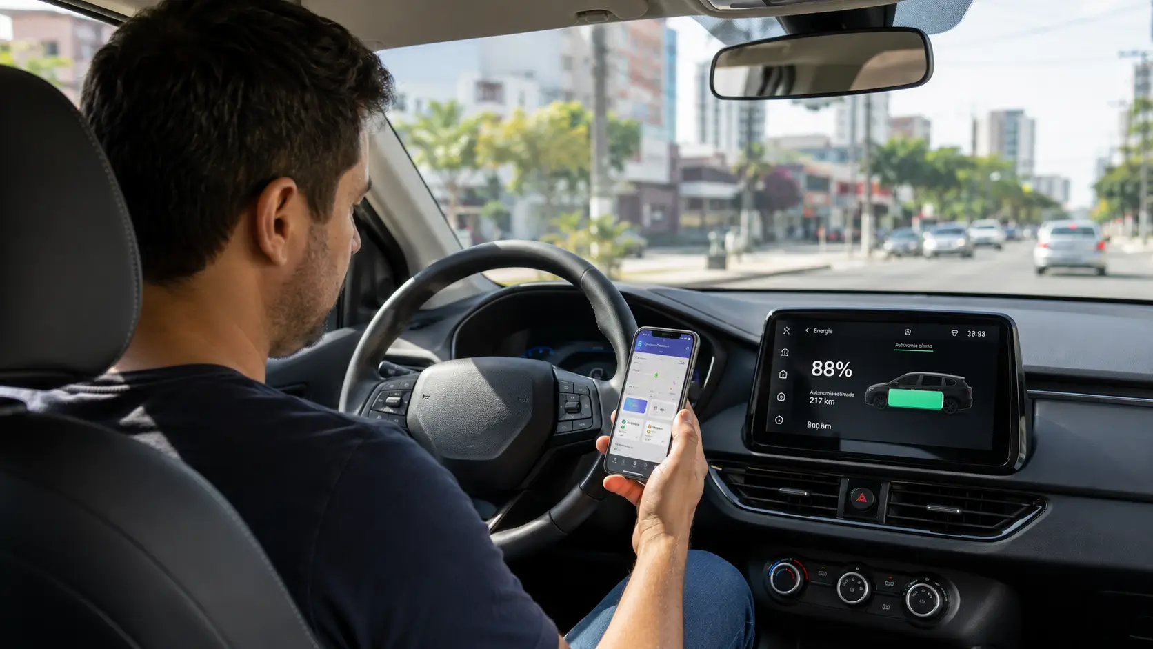 Motorista de aplicativo dentro de carro elétrico verificando percentual de bateria no painel