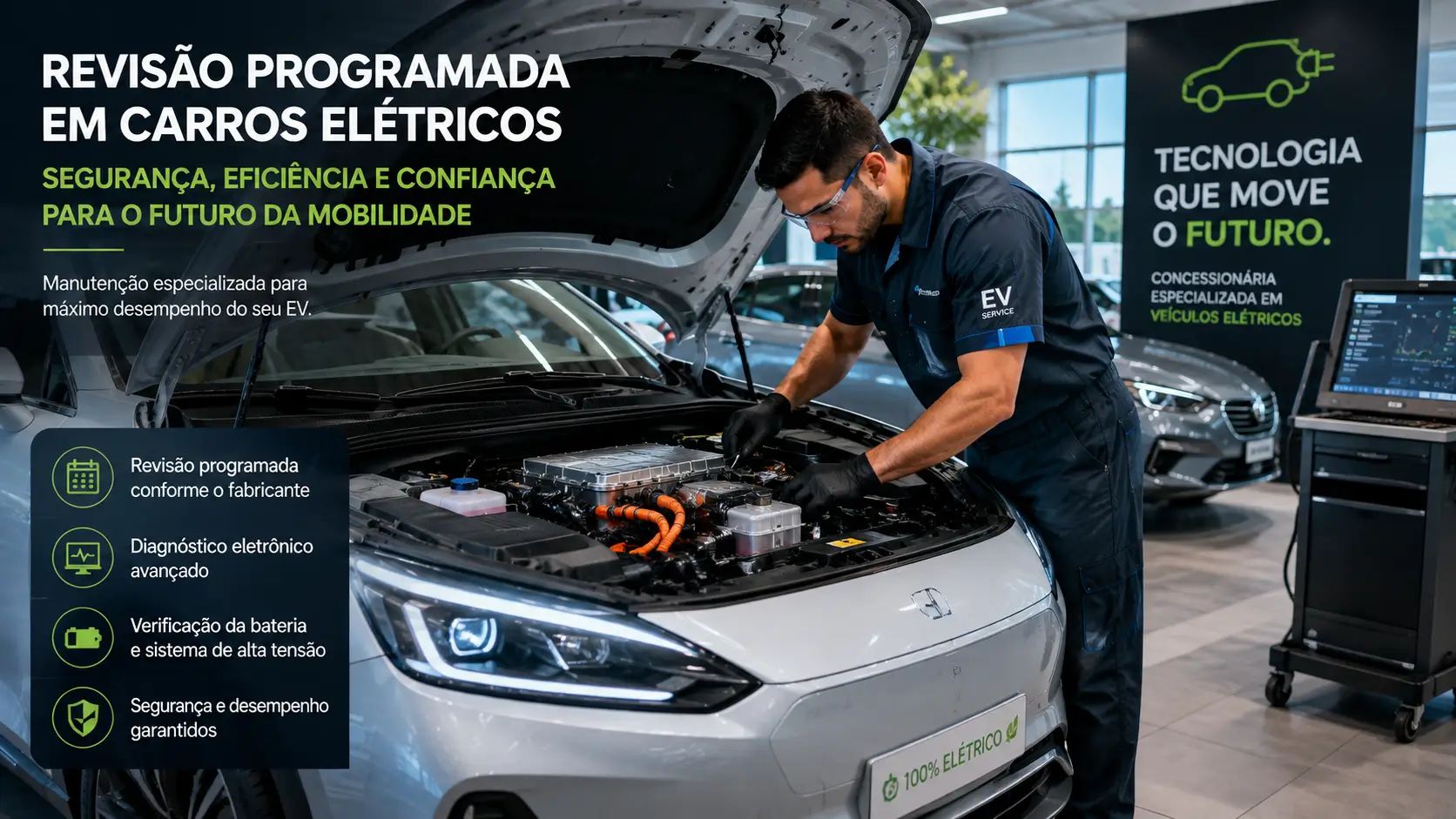 Técnico automotivo realizando revisão programada em carro elétrico dentro de concessionária