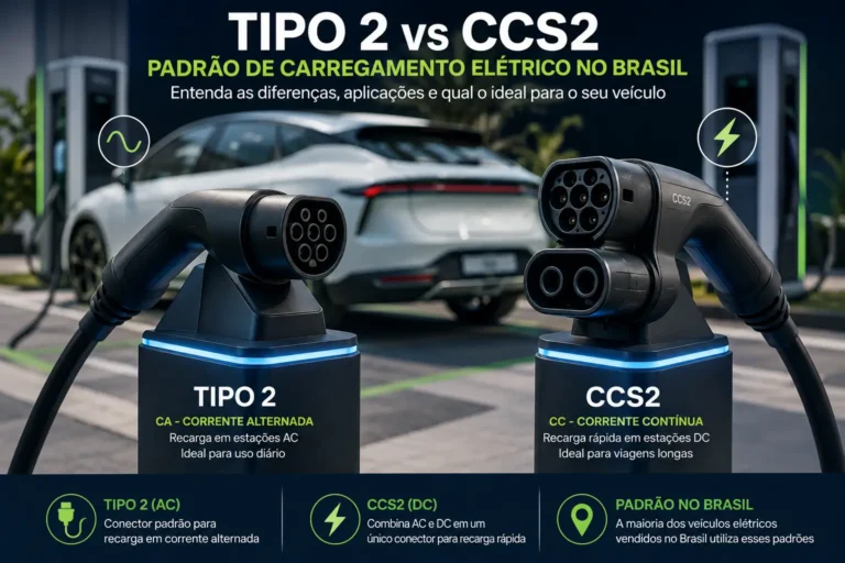 Comparativo entre conectores de carregamento Tipo 2 e CCS2 para veículos elétricos no Brasil