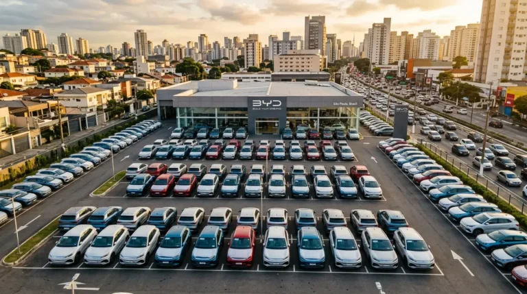 Vendas de carros elétricos no Brasil em 2026: pátio de concessionária com veículos elétricos recém-emplacados