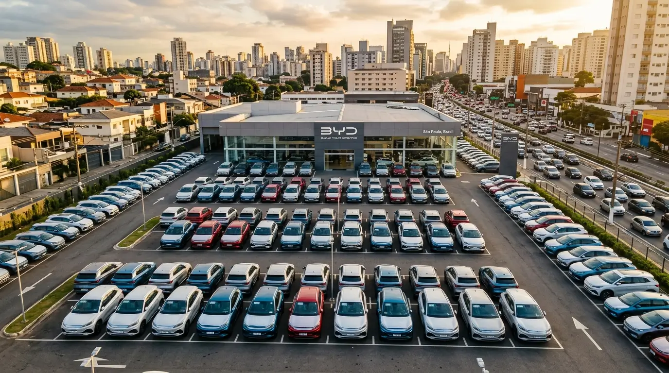Pátio de concessionária com carros elétricos recém-emplacados no Brasil em 2026