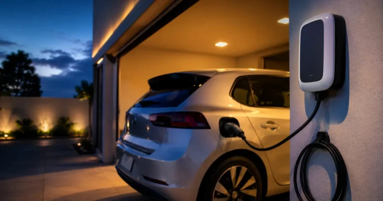 Wallbox instalado em garagem residencial carregando carro elétrico à noite