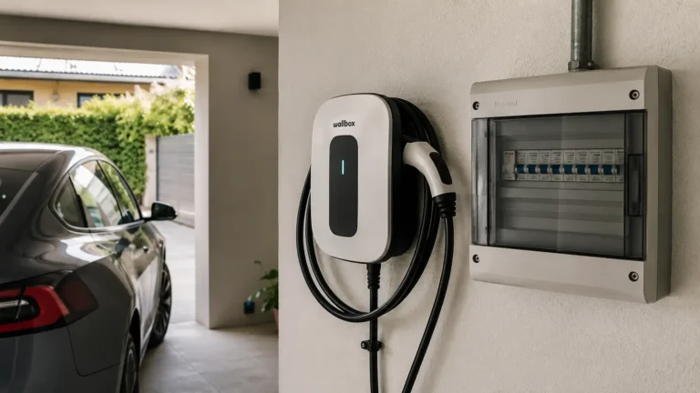 Wallbox Monofásica ou Trifásica - Wallbox para carro elétrico instalada em garagem residencial brasileira próxima ao quadro de distribuição elétrico