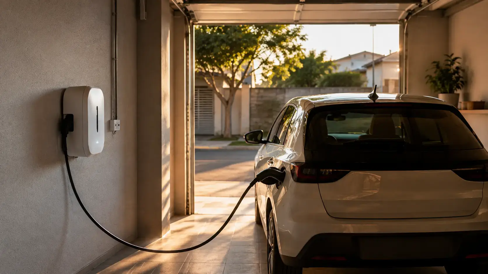 Wallbox instalado em garagem residencial carregando um carro elétrico
