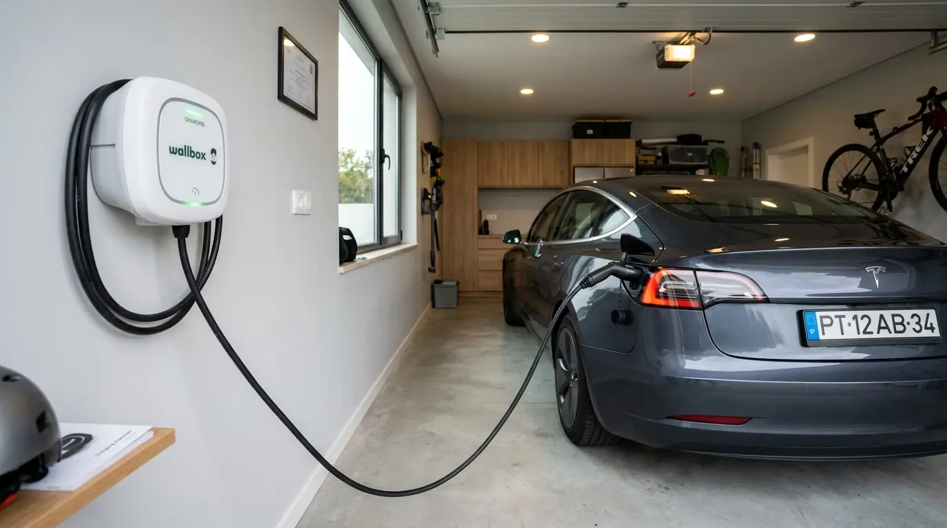 Wallbox residencial instalado para recarga de carro elétrico na garagem