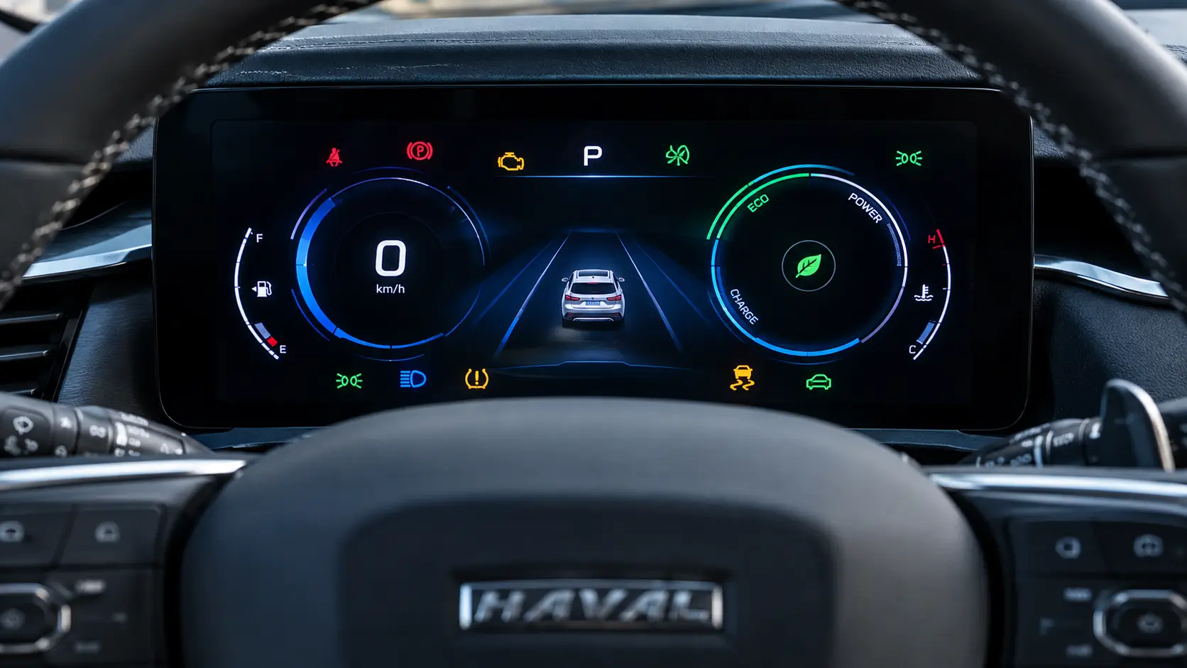 Painel de instrumentos do Haval H6 com luzes indicadoras