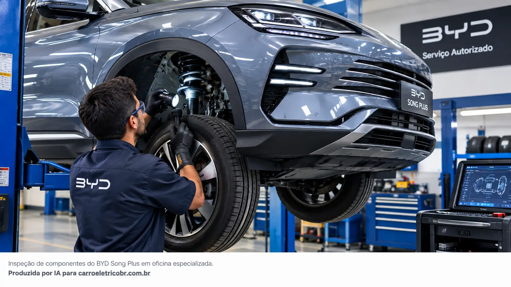 Inspeção de suspensão e roda do BYD Song Plus em oficina