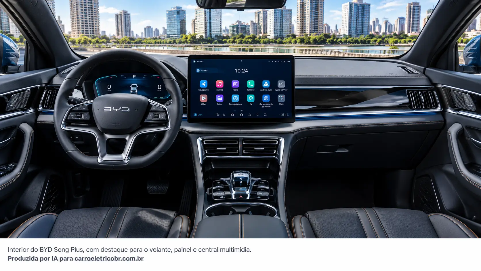 BYD Song Plus com volante e central multimídia em interior de SUV híbrido