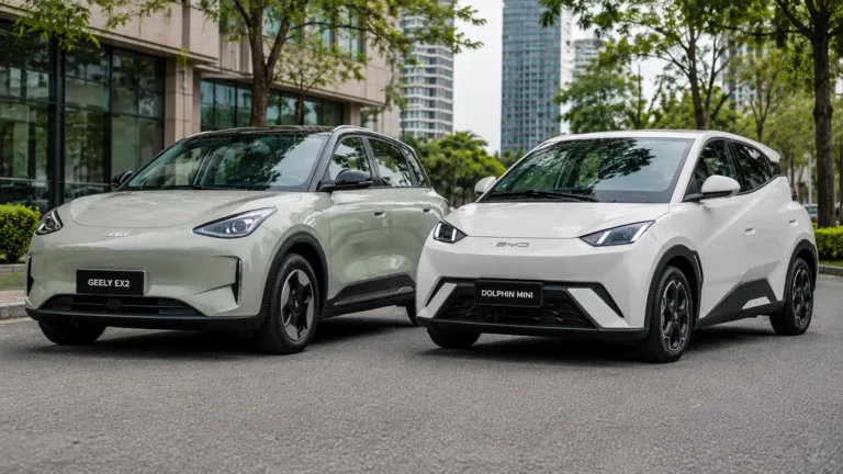 Geely EX2 e BYD Dolphin Mini lado a lado em comparação de carros elétricos compactos