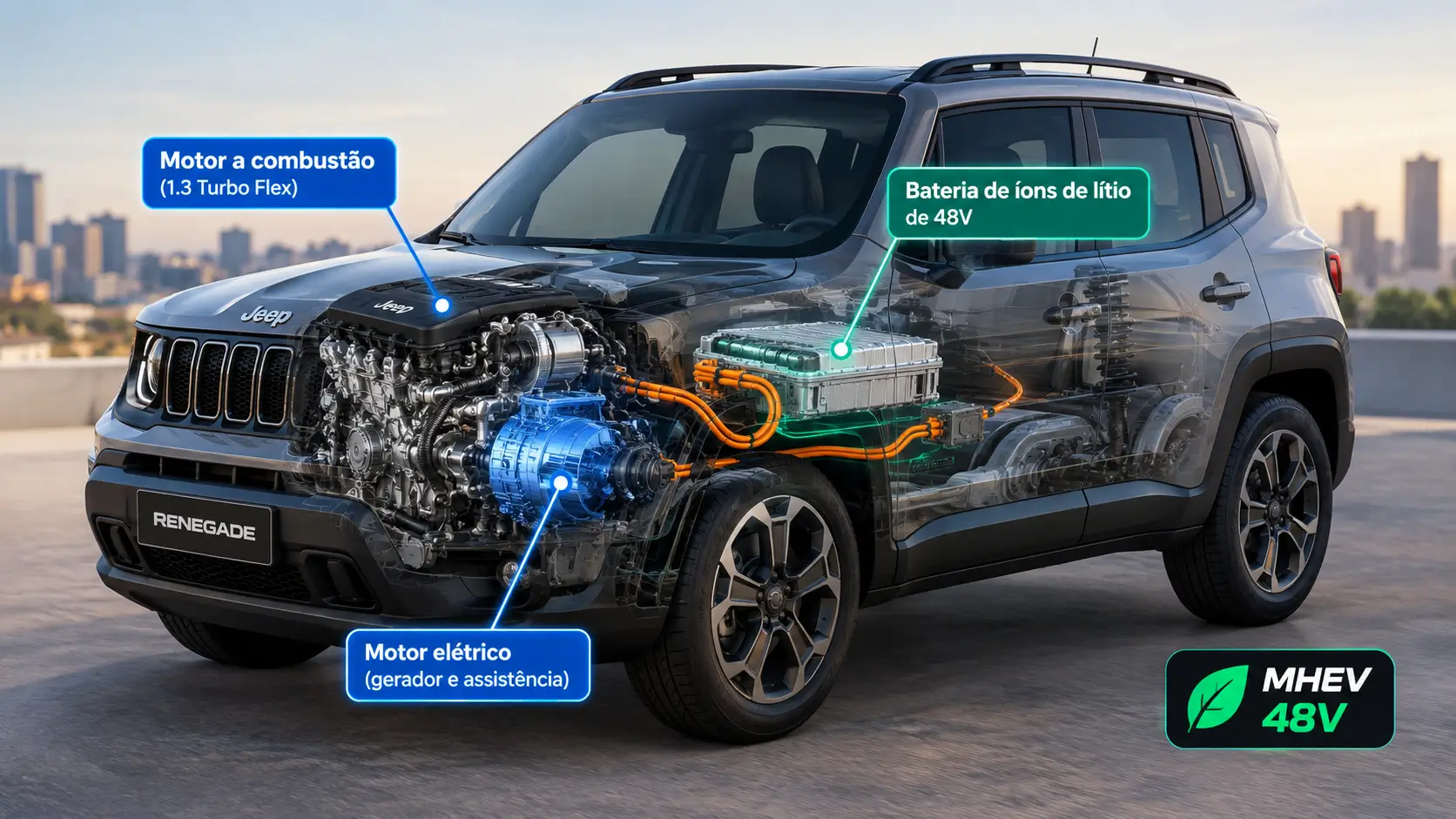 Sistema híbrido leve MHEV de 48V do Jeep Renegade